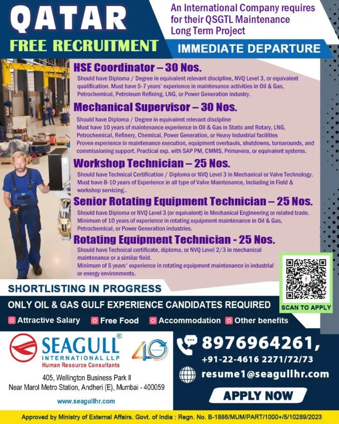 Qatar QSGTL Maintenance free recruitment job vacancies – HSE Coordinator, Mechanical Supervisor, Workshop Technician and Rotating Equipment Technician