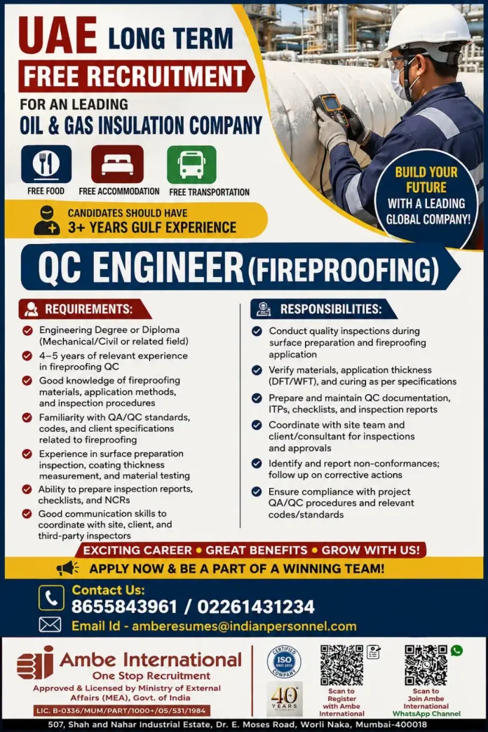 QC Engineer Fireproofing UAE job recruitment – Ambe International