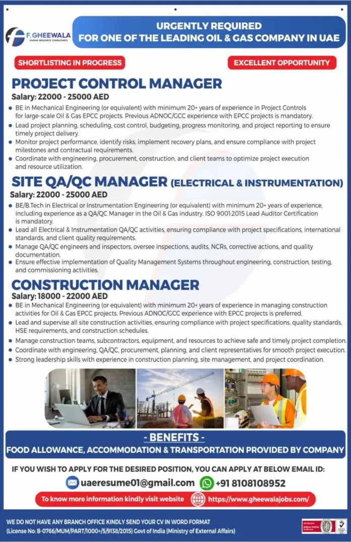 Urgent Oil and Gas EPCC job opportunities in UAE with F. GHEEWALA HR Consultants