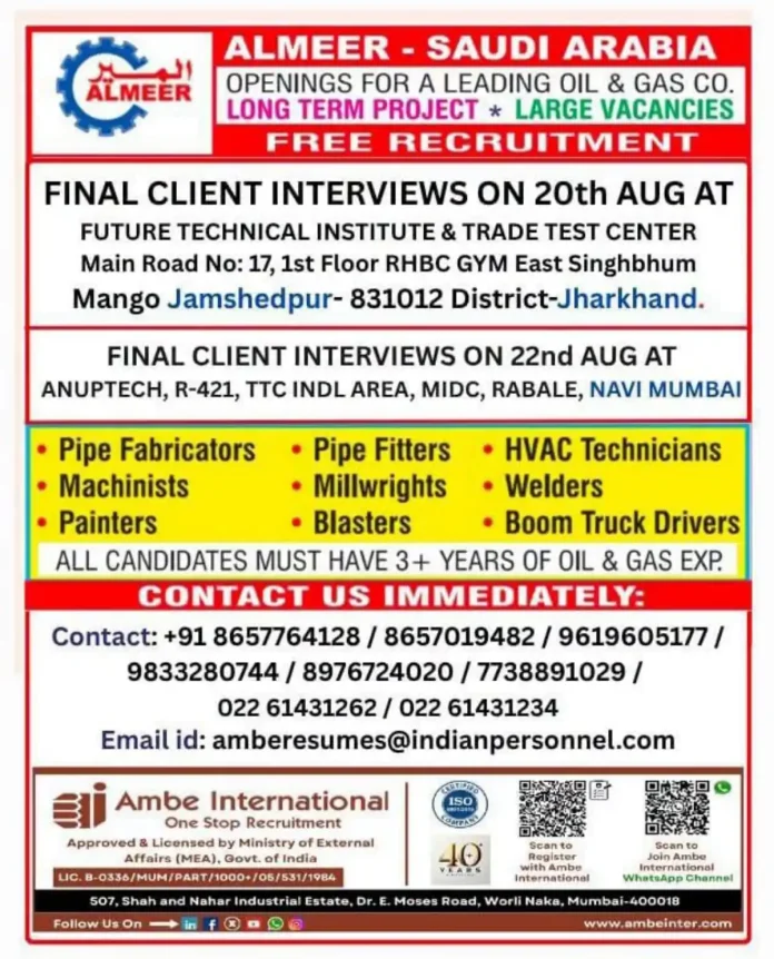 Oil & Gas job recruitment walk-in interviews in Jamshedpur and Mumbai for Saudi Arabia