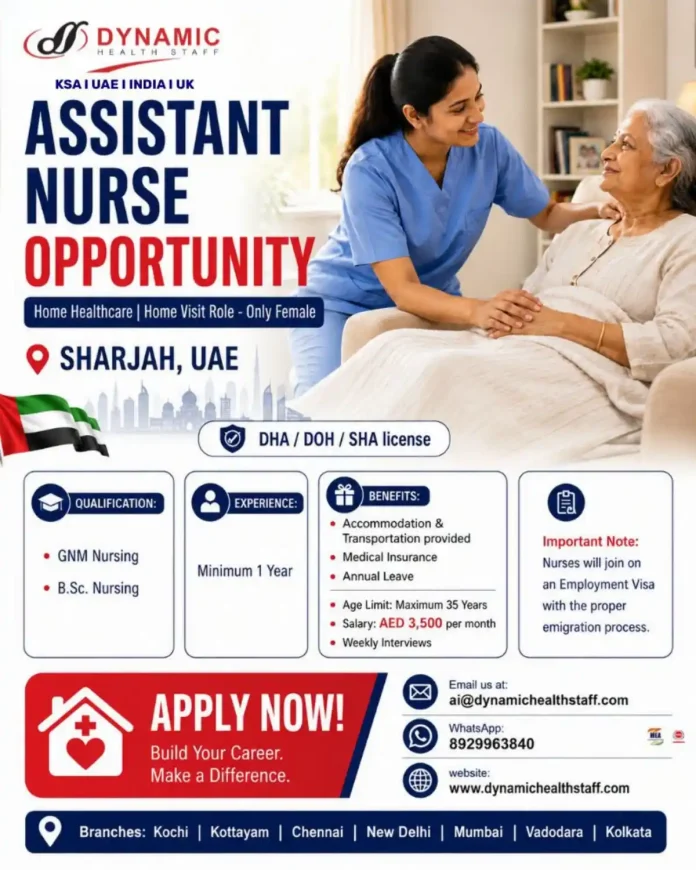 Female Assistant Nurse providing home healthcare to a patient in Sharjah, UAE