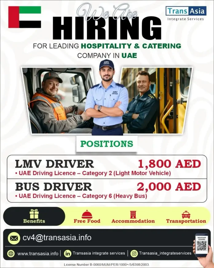 UAE LMV driver and bus driver jobs with free accommodation and transportation