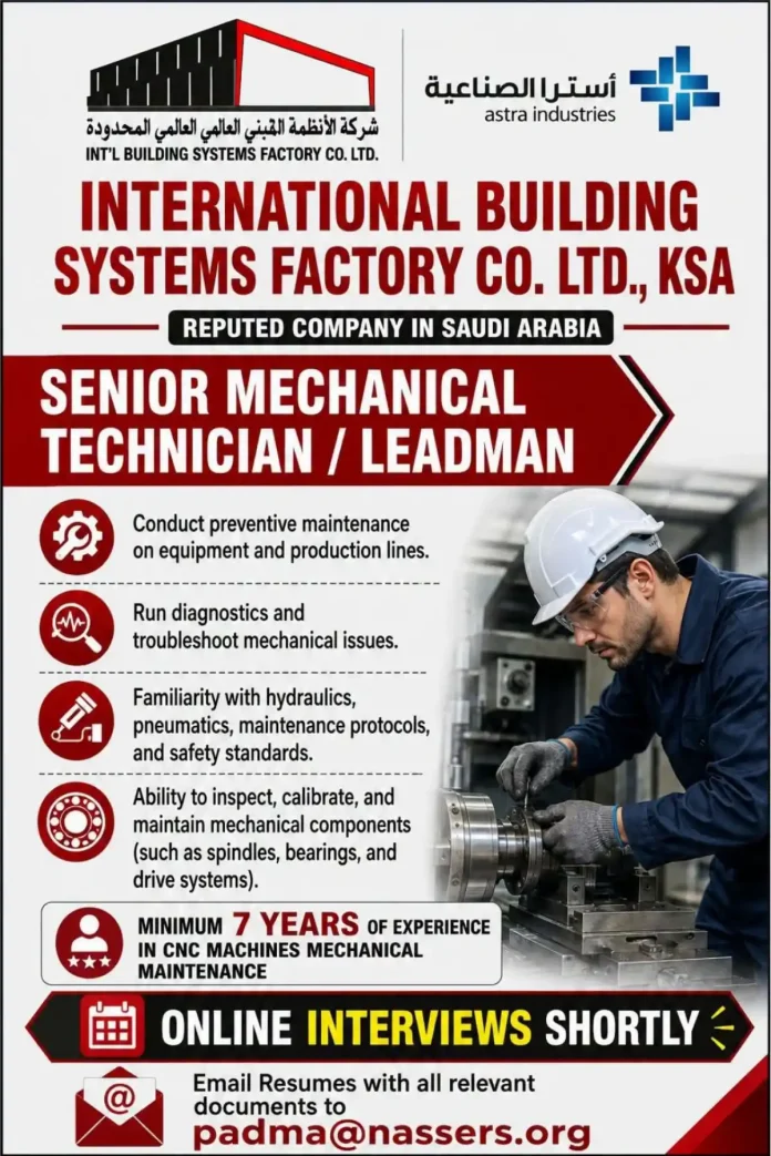 Senior Mechanical Technician repairing CNC machine in Saudi Arabia factory