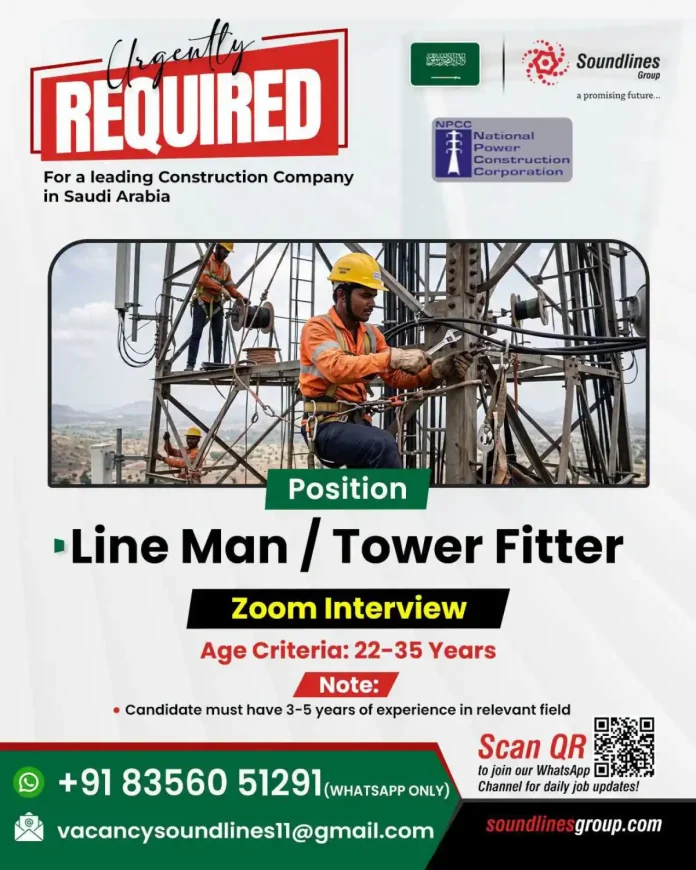 Line Man Tower Fitter jobs Saudi Arabia Soundlines Group