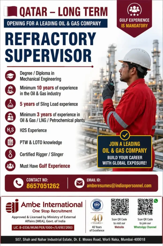 Refractory Supervisor job in Qatar Oil & Gas recruitment