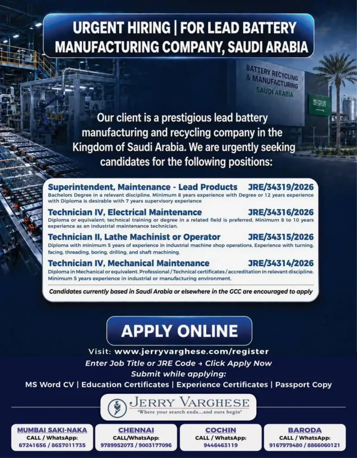 Lead battery manufacturing and recycling jobs in Saudi Arabia