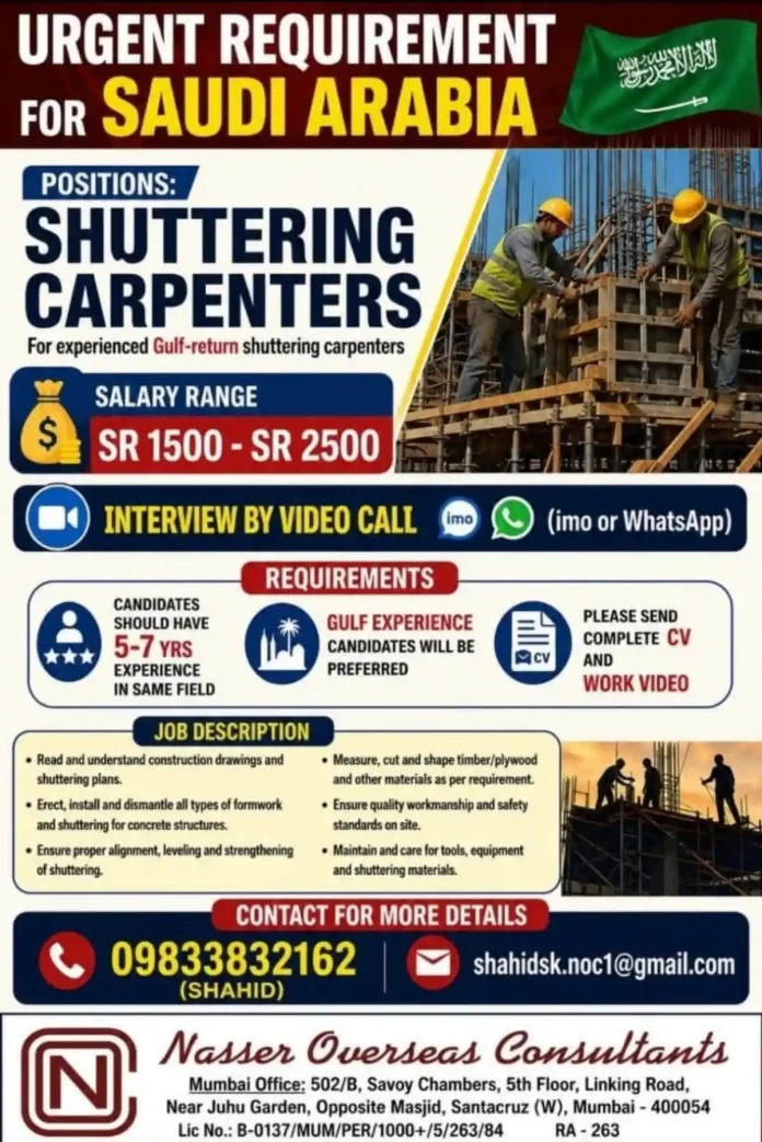 Shuttering Carpenter Jobs in Saudi Arabia by Nasser Overseas Consultants