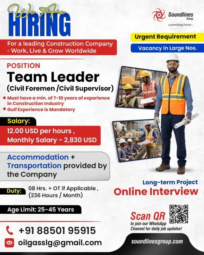 Team Leader Civil Foreman Civil Supervisor construction job with Soundlines Group