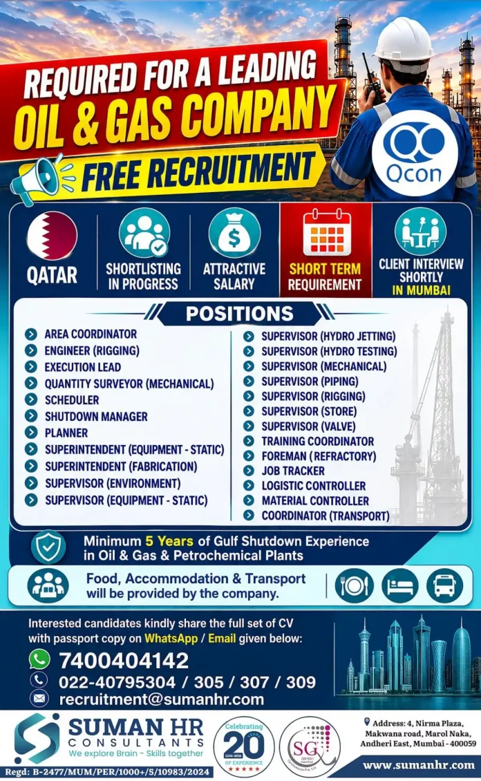 Suman HR Consultants Qatar Oil and Gas Shutdown Recruitment