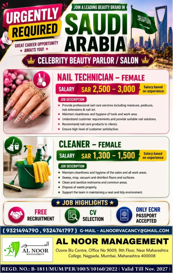 Female Nail Technician and Cleaner jobs at Celebrity Beauty Parlor Salon Saudi Arabia