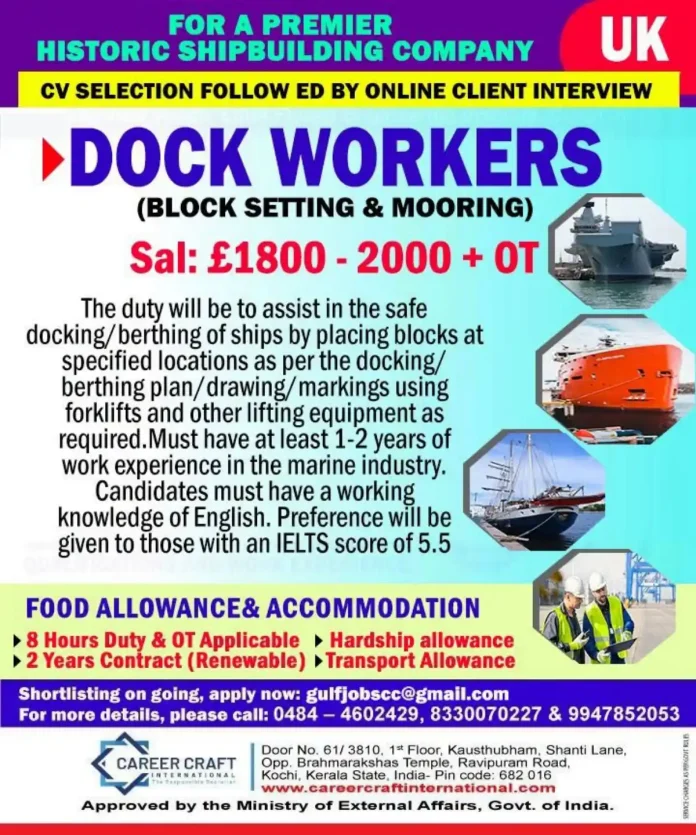 Dock worker placing mooring blocks at a historic shipbuilding company in UK