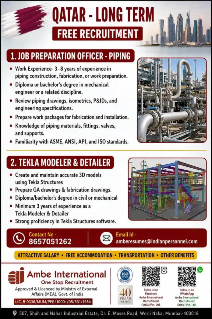 Qatar Long Term Free Recruitment - Piping and Tekla Jobs
