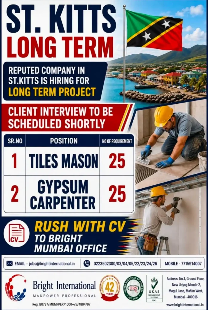 Tiles Mason and Gypsum Carpenter Jobs in St Kitts - Bright International