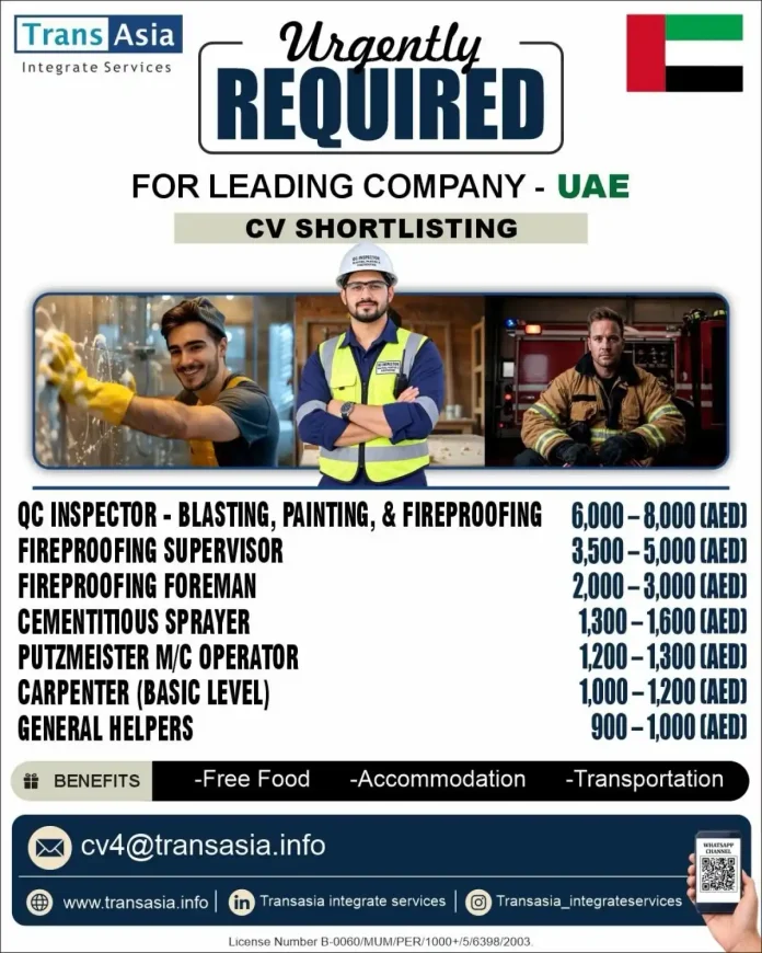 QC Inspector Blasting Painting Fireproofing jobs UAE Trans Asia Integrate Services