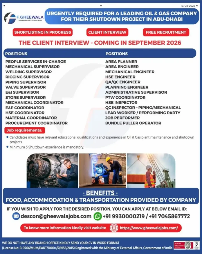 F. Gheewala Oil & Gas Shutdown Jobs Abu Dhabi 2026