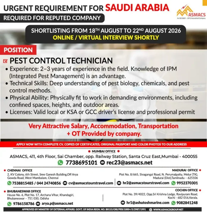 Pest Control Technician job opportunity in Saudi Arabia with ASMACS