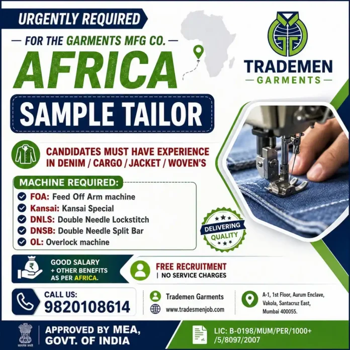 Sample Tailor sewing job in Africa for garments manufacturing company