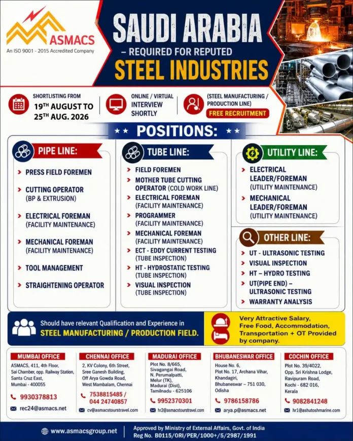 Steel manufacturing jobs in Saudi Arabia with ASMACS