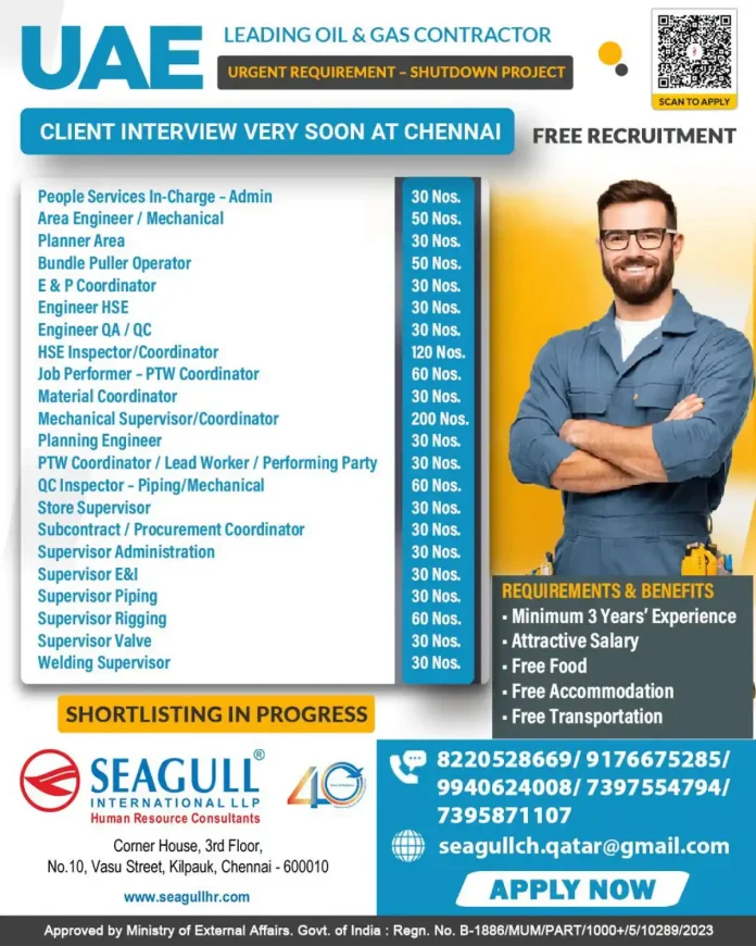 UAE oil and gas shutdown project jobs Chennai client interview