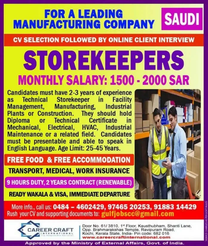 Technical Storekeeper jobs in Saudi Arabia with free accommodation and food