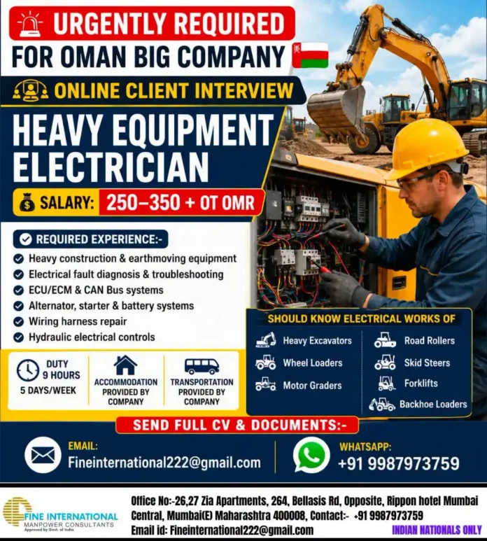 Heavy Equipment Electrician Job in Oman - Online Client Interview
