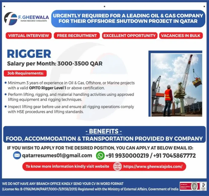 Rigger job vacancy Qatar offshore shutdown F Gheewala