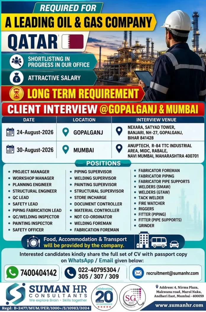 Oil and Gas Jobs Qatar 2026 client interview by Suman HR Consultants