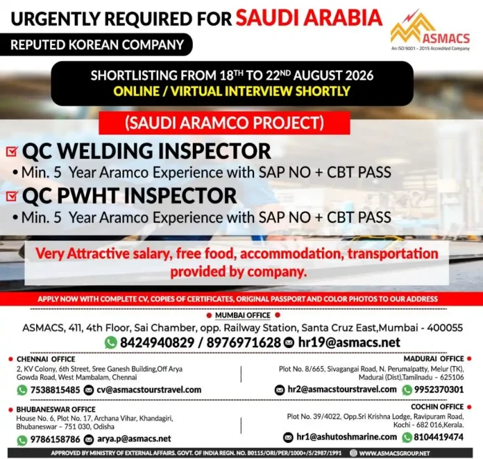 QC Welding Inspector and QC PWHT Inspector jobs for Saudi Aramco project