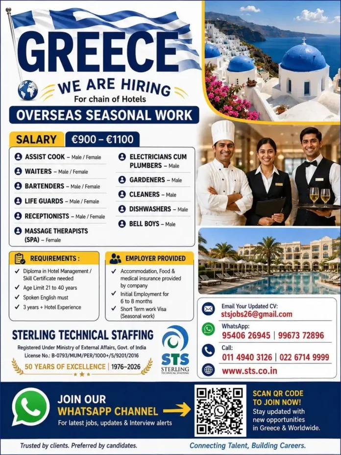 Greece seasonal hotel jobs hiring – cooks, waiters, bartenders, receptionists