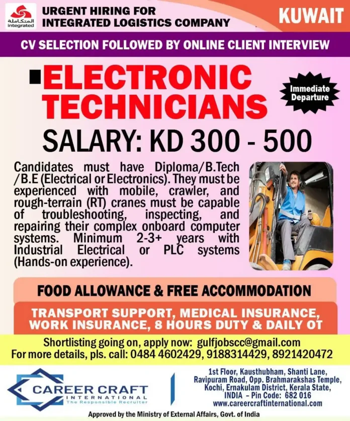 Electronic Technician repairing crane computer systems in Kuwait