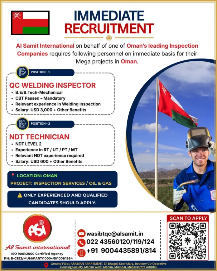 QC Welding Inspector and NDT Technician jobs in Oman