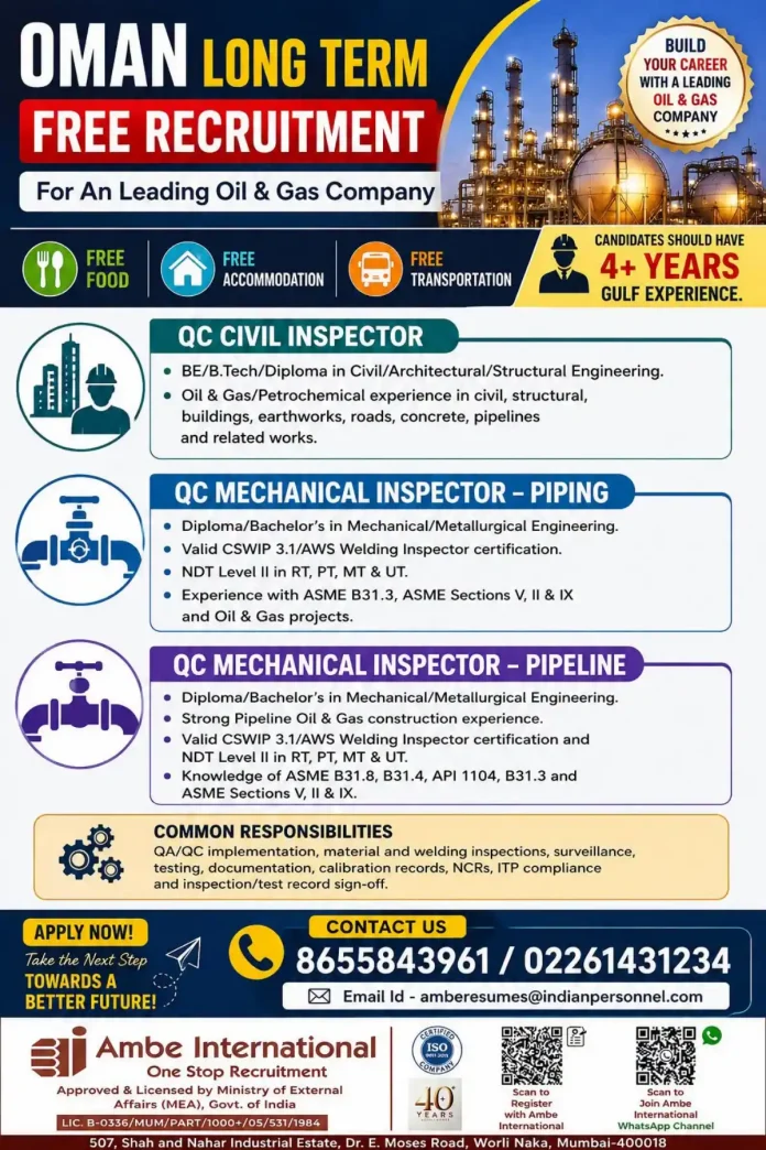 QC Inspector jobs in Oman oil gas recruitment with free accommodation and transportation