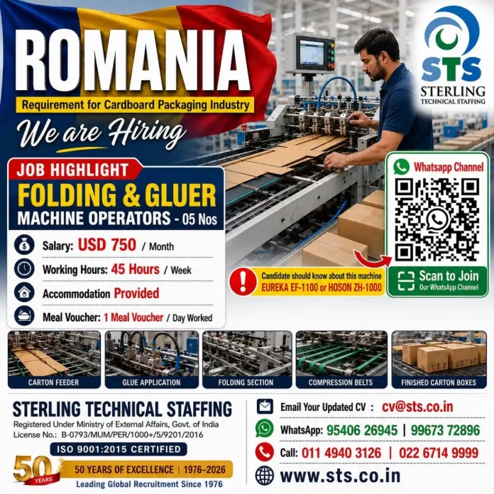 Folding & Gluer Machine Operator recruitment in Romania by Sterling Technical Staffing