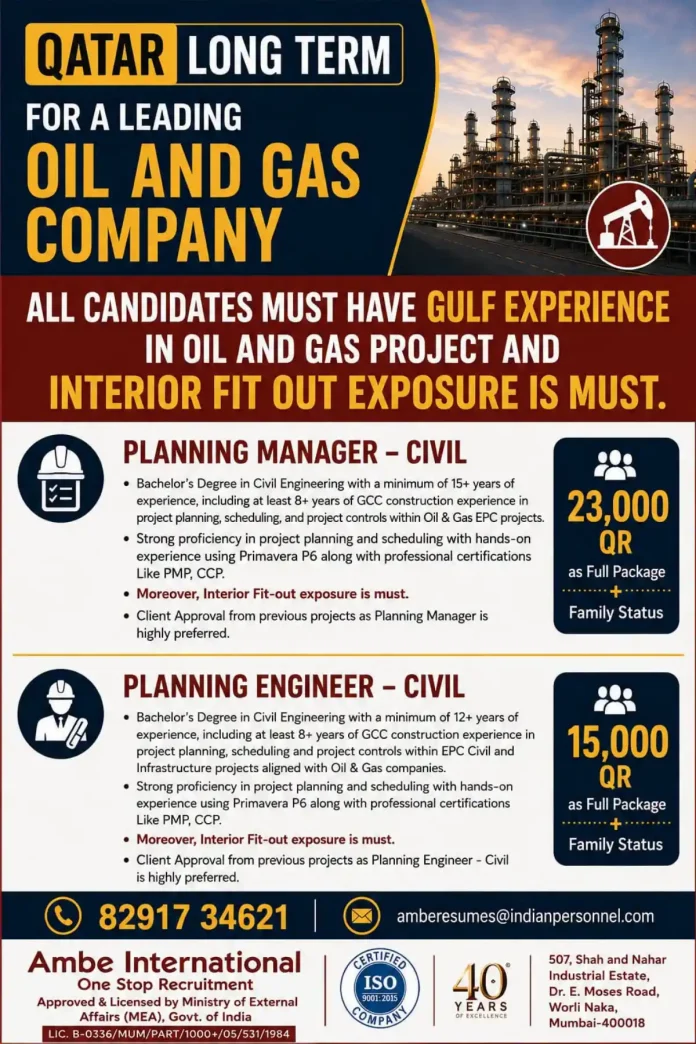 Qatar Oil and Gas Planning Manager and Planning Engineer jobs recruitment poster