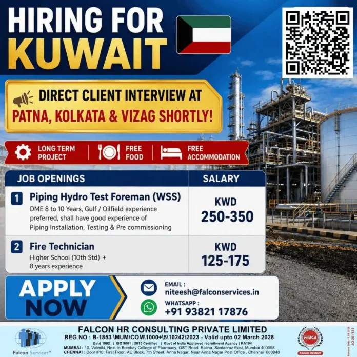 Falcon Services Kuwait recruitment 2026 for Piping Hydro Test Foreman and Fire Technician