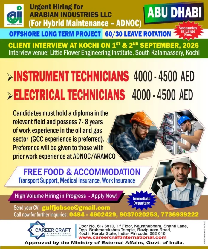 ADNOC offshore Instrument and Electrical Technician jobs interview in Kochi