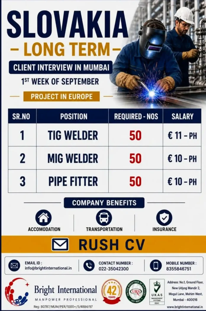 Slovakia TIG Welder MIG Welder Pipe Fitter recruitment by Bright International