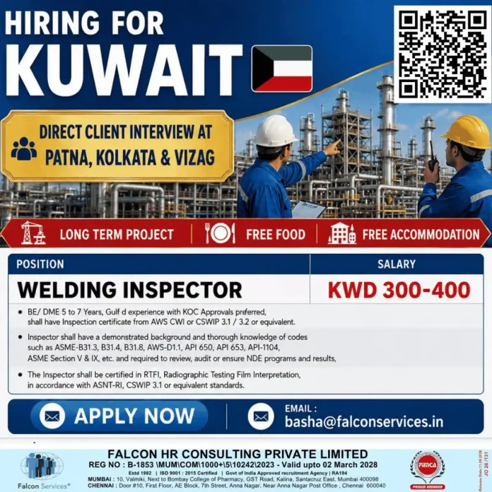 Welding Inspector jobs in Kuwait with Falcon Services