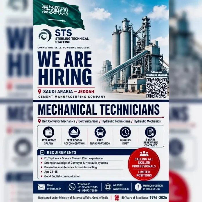 Mechanical Technician job opening for cement plant in Saudi Arabia