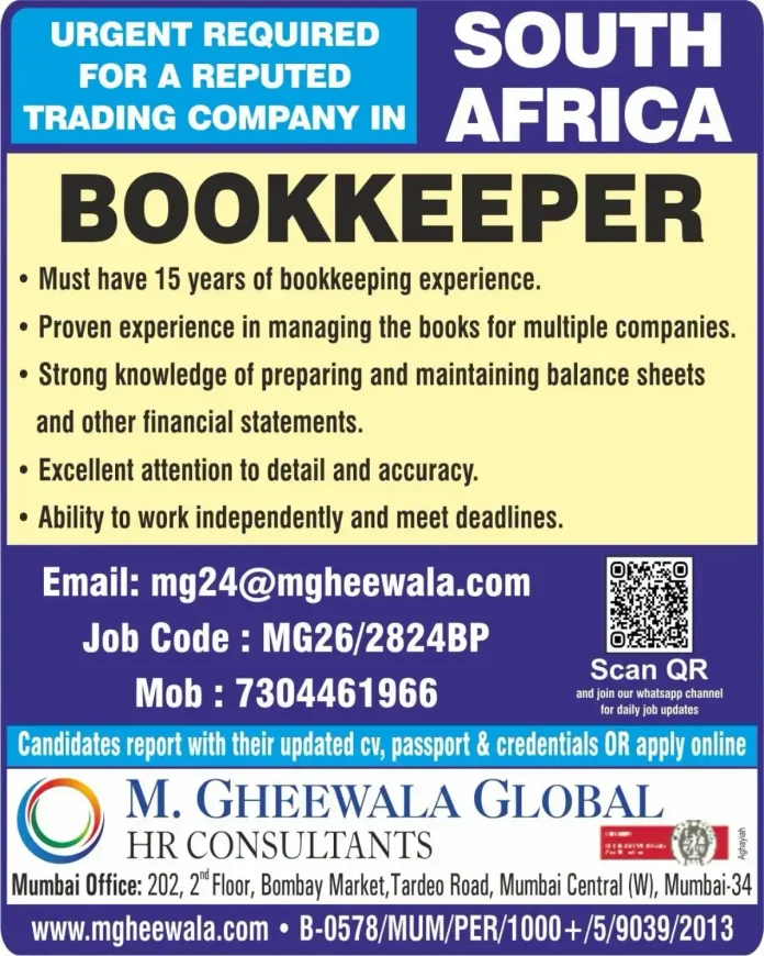 Bookkeeper job in Africa for South Trading Company