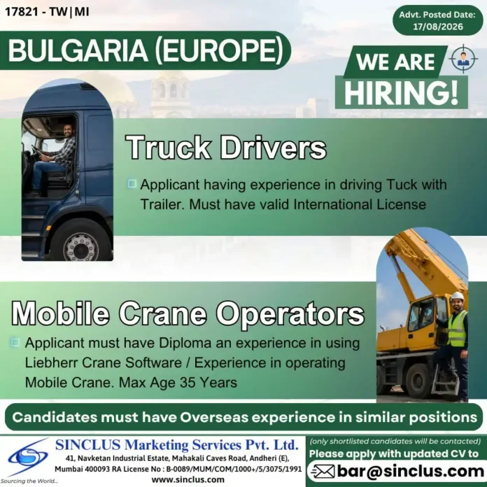Sinclus hiring Truck Drivers and Mobile Crane Operators for Bulgaria