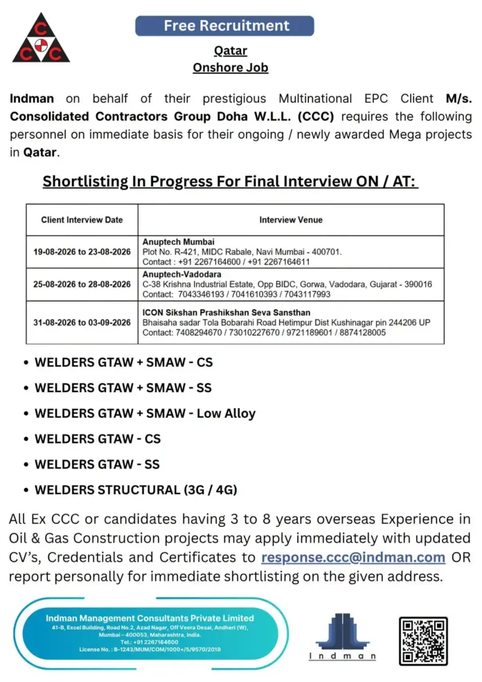 CCC Qatar Welder Jobs Indman Recruitment Interview