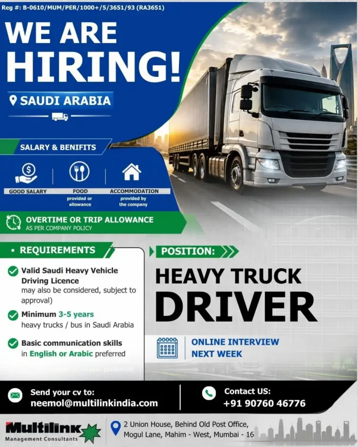 Heavy Truck Driver job in Saudi Arabia with Multilink Management Consultants