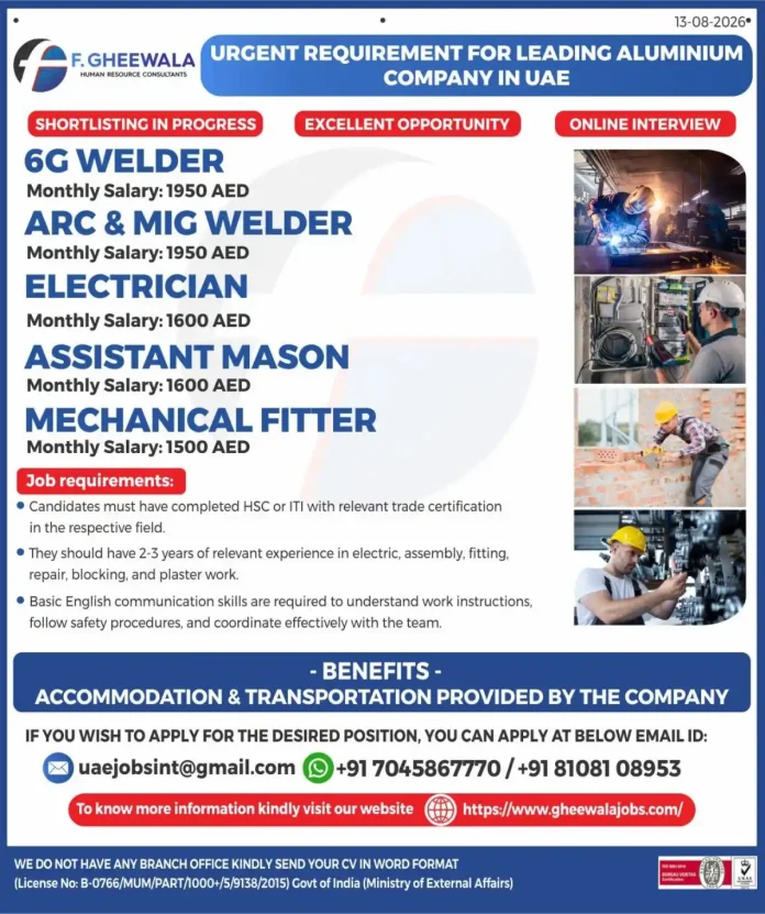 6G Welder and ARC MIG Welder recruitment for leading aluminium company in UAE