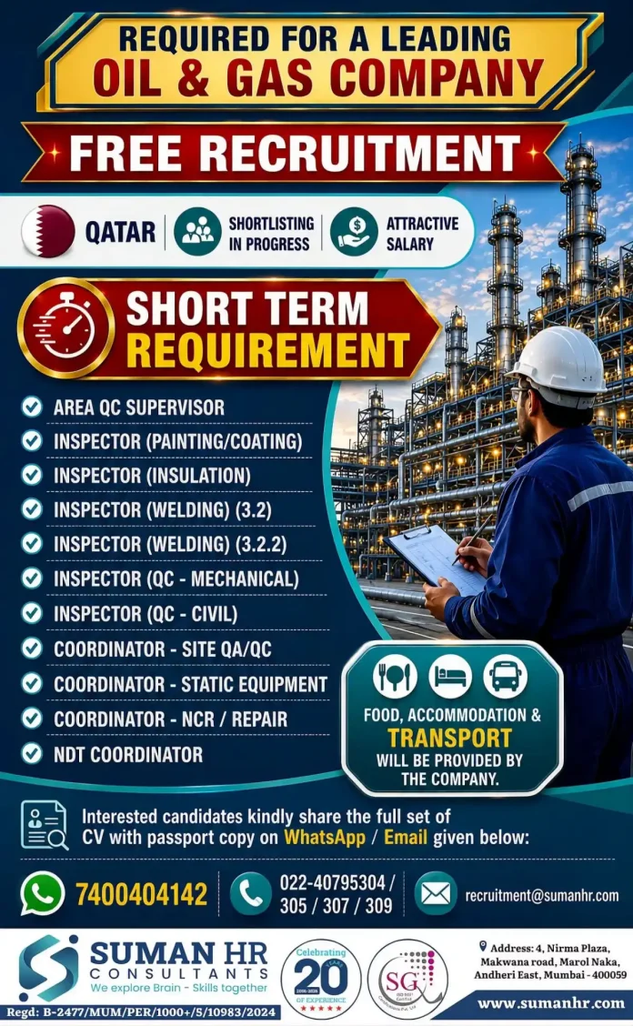 Qatar oil and gas QC supervisor inspector coordinator jobs