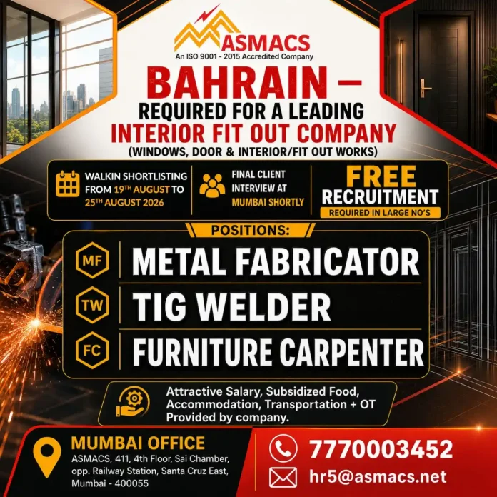 Bahrain interior fit out jobs walk-in interview for metal fabricator, TIG welder and furniture carpenter