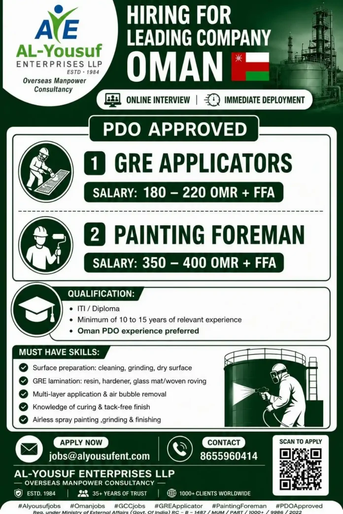Al-Yousuf Enterprises hiring GRE Applicator and Painting Foreman for Oman PDO approved jobs
