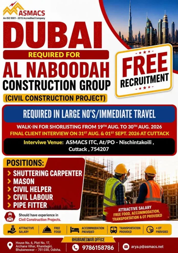 Dubai civil construction job walk-in interview at Cuttack