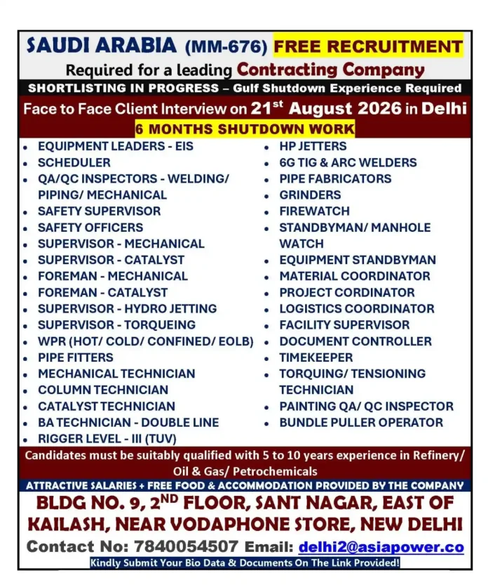 Saudi Arabia shutdown jobs free recruitment for welders technicians and safety officers