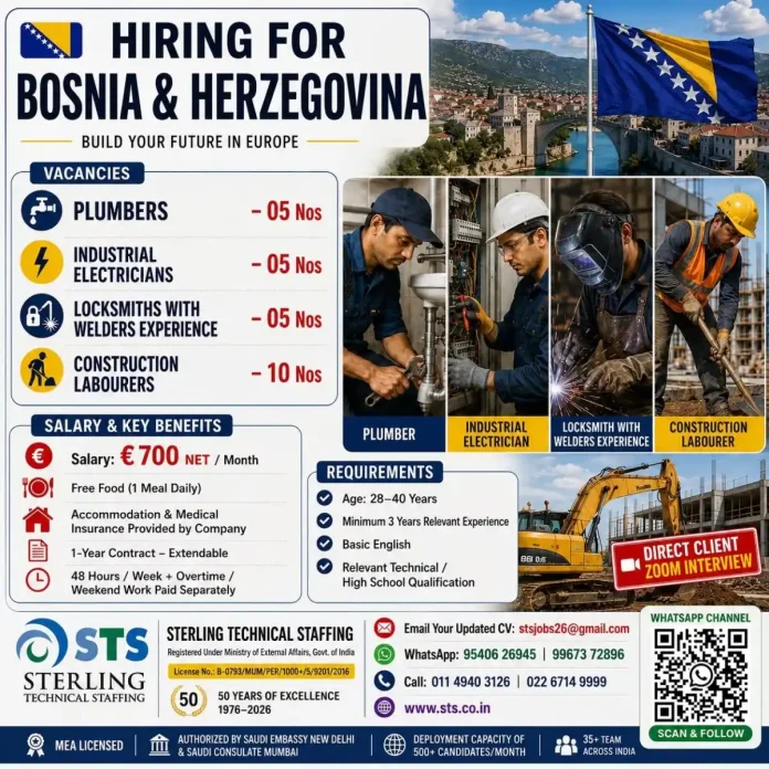 Construction jobs in Bosnia and Herzegovina for plumbers electricians locksmiths and labourers